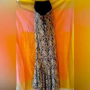 Black floor length cocktail train beige lace & clear sequin accent STUNNING